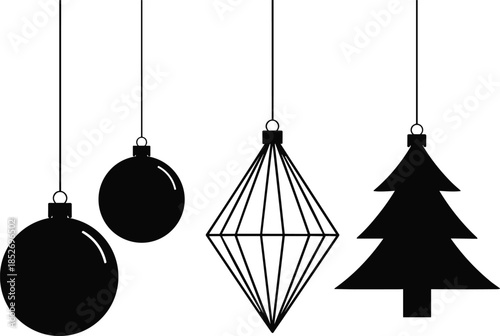 Minimal Christmas hanging ornaments silhouettes including baubles geometric decoration and pine tree vector illustration isolated on white background for holiday design