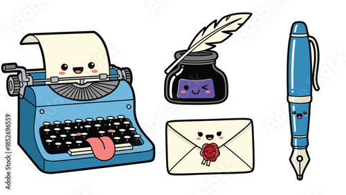 A charming collection of kawaii writing and correspondence items, featuring a vintage typewriter, an inkwell, a fountain pen, and a sealed envelope.
