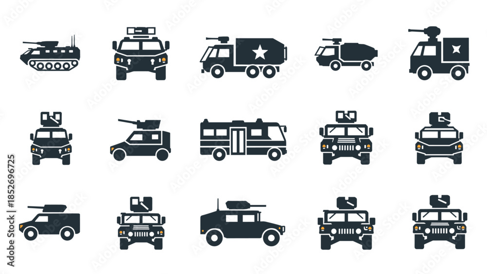 Obraz premium A collection of black silhouette icons for various armored military vehicles, including tanks, armored personnel carriers, and humvees.