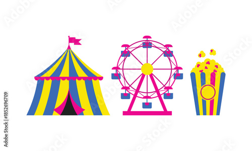 Fairground circus elements set bundle with ride and tent