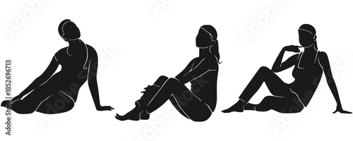 ilhouette Set of Women Sitting in Relaxed Poses Isolated on White Background