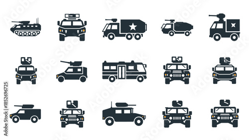 A collection of black silhouette icons for various armored military vehicles, including tanks, armored personnel carriers, and humvees.