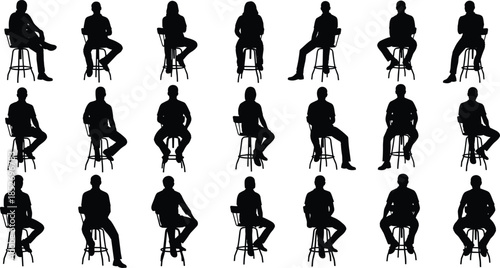 Seated people silhouettes on bar stools in multiple poses vector collection isolated on white background for lifestyle design use