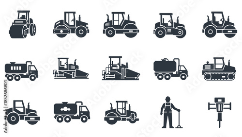 A set of black icons for road construction and paving machinery, including asphalt pavers, steamrollers, and pneumatic drills.