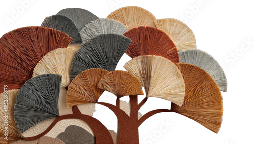 Textured, fan-shaped foliage in earth tones adorns a stylized tree trunk