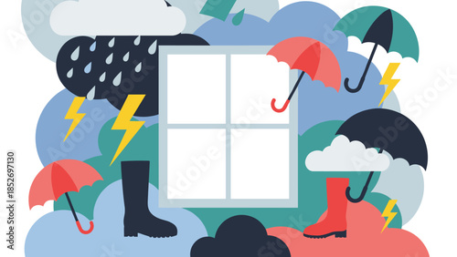 A stormy weather background with a blank window frame for copy space, surrounded by rain clouds, lightning, and umbrellas. This design is perfect for illustrating a rainy autumn day.