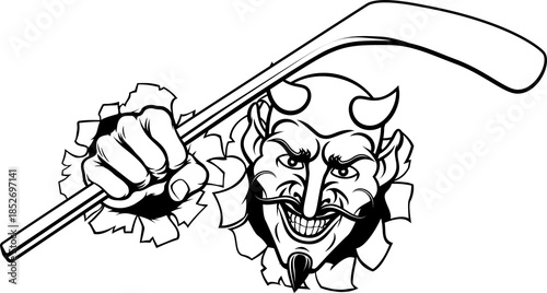 Canvas Print A devil or satan ice hockey sports mascot cartoon character holding a stick
