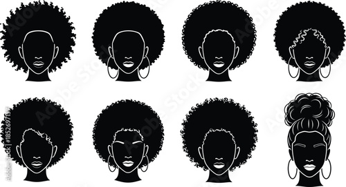 Set of afro hairstyle women face silhouettes vector illustration collection isolated on white background for beauty fashion and hair design projects
