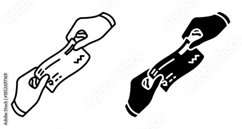 Linear icon. Bank employee issues a bank guarantee check to secure a trade transaction. Simple vector isolated on white background