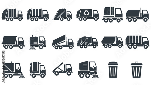 A set of black icons for various garbage and recycling trucks, street sweepers, and trash cans for waste management services.