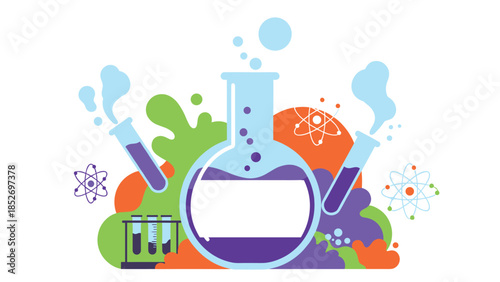 A vibrant science and chemistry background with a blank label on a flask, surrounded by test tubes and atoms. This educational design is perfect for school projects or science fair promotions.