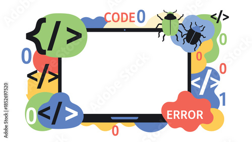 A colorful frame for coding and programming themes, with a blank tablet screen for copy space. This design is surrounded by code symbols, bugs, and binary digits for a tech concept.