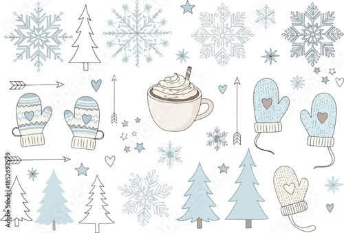 Winter theme illustrations featuring snowflakes pine trees mittens and hot cocoa