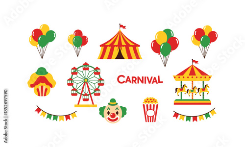 Set bundle of carnival element with tent popcorn and ferris wheel vector