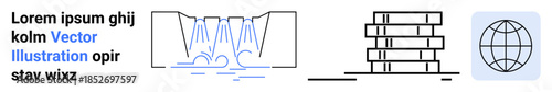 Data analysis, global connectivity, sustainability, business workflow, water systems, economic research. Waterfall flow, stacked books globe icon. Data analysis and global connectivity concepts