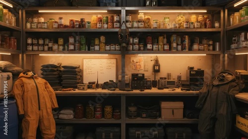 Survivalist personal fallout shelter bunker with emergency food supply and hazmat suit ready for catastrophe.