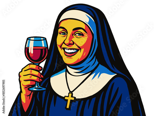 smiling nun in traditional habit cheerfully holding a red wine in glass, blending irony with celebration. Generative ai vector colorful pop art illustration.