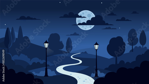 Enchanting Nighttime Landscape with Winding Path, Lampposts, and a Luminous Full Moon