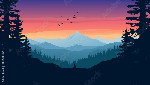Scenic mountain landscape at sunset with silhouetted pine trees and birds flying in the sky