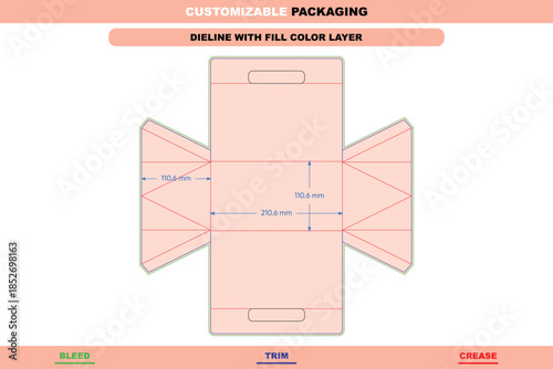 Polygonal box dieline template with integrated handles and custom sizing designed for retail packaging print layouts promotional products and folding mockup accuracy