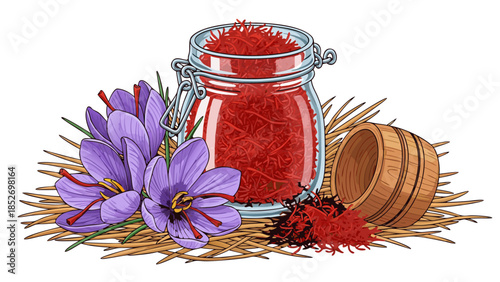 Vibrant Saffron Threads in a Jar with Saffron Flowers and Wooden Scoop