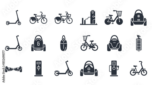 A set of black glyph icons featuring various electric personal mobility vehicles like e-scooters, e-bikes, and charging stations.