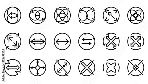 A collection of abstract geometric line icons within circles, depicting concepts of interaction, movement, and connectivity.