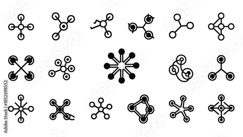 A set of black line icons representing molecules, networks, and connections with various node and linkage arrangements.