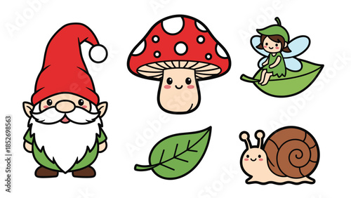 Charming collection of kawaii fantasy garden characters, featuring a cute gnome, a mushroom, a tiny fairy, a green leaf, and a smiling snail.