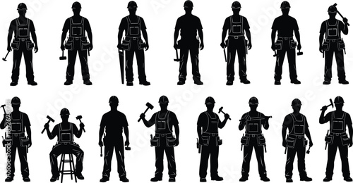 Set of construction worker silhouettes holding tools in various working poses isolated on white background for industrial labor design concepts