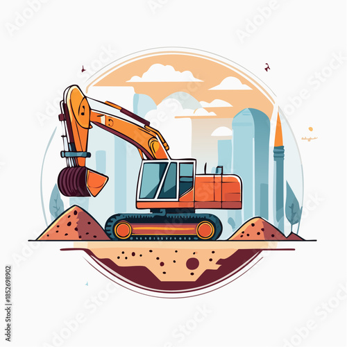 Heavy Equipment Excavator at Construction Site with Modern Cityscape Background, Vector Illustration