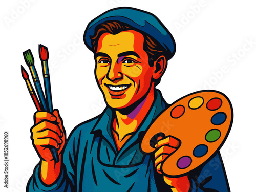 smiling male painter holding paintbrushes and a palette, representing creativity, fine art, and artistic profession. Generative ai vector colorful pop art illustration.