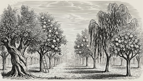 Vintage engraving of an orchard with fruit trees, a ladder, and a weeping willow.