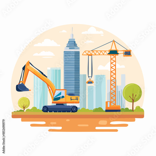 Industrial construction site with crane and excavator in urban landscape, flat vector illustration