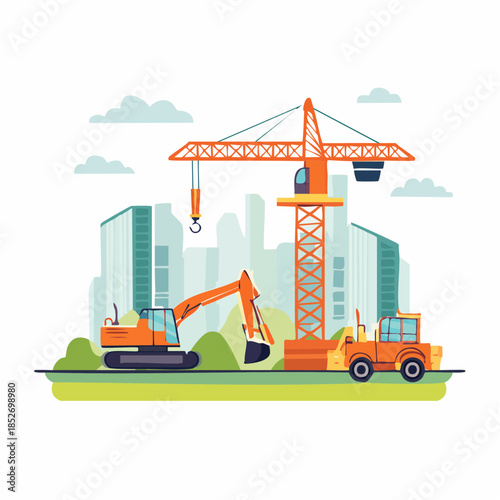 Industrial construction site with cranes and excavators in a cityscape, flat vector illustration