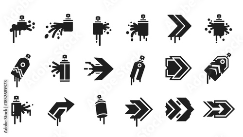 A collection of black graffiti-style icons featuring dripping spray paint cans and arrow shapes for urban street art designs.