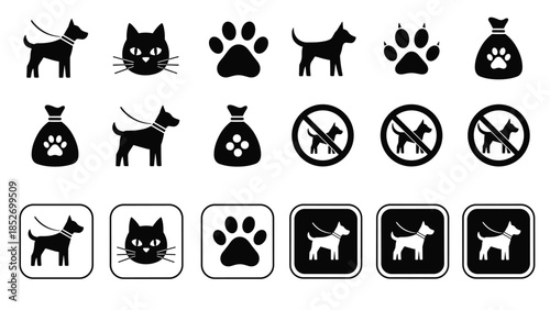 A collection of pet-friendly and pet restriction icons, including symbols for dogs, cats, paw prints, and no pets allowed signs.