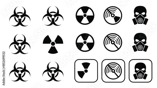 A set of black warning icons for various hazards, including biohazard, radiation, radioactivity, and toxic substance symbols.