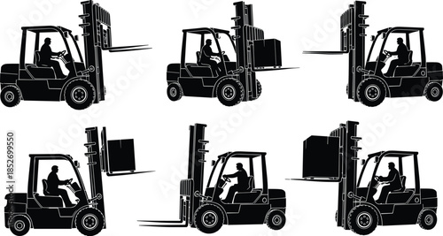 Set of forklift truck silhouettes with operator lifting cargo vector illustration isolated on white background for warehouse logistics industry design