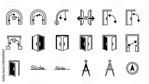 A collection of black line icons illustrating door movements, including sliding, swinging, and revolving, plus compass symbols.