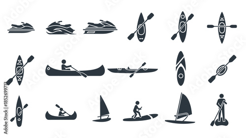 A set of black glyph icons for various water sports and recreational activities, including kayaking, canoeing, and windsurfing.