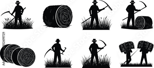 Set of farmer harvesting hay silhouettes with tools and hay bales vector illustration isolated on white background for agriculture rural design