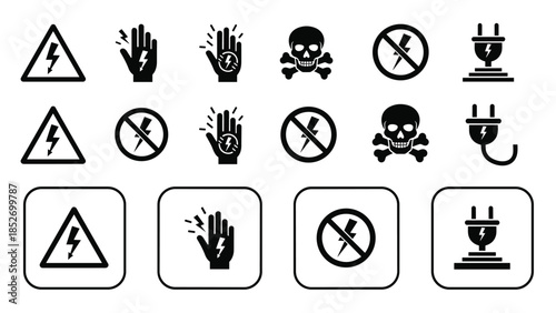 A collection of black silhouette icons representing electrical shock hazards, high voltage warnings, and symbols for danger.
