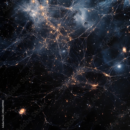 Artistic interpretation of dark matter with glowing cosmic filaments and mysterious structures floating through deep space.