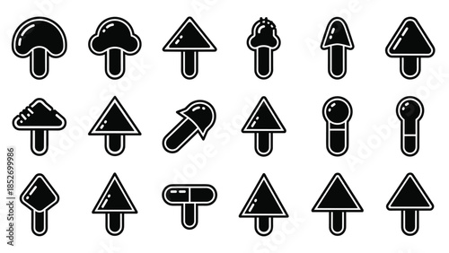 A quirky set of black icons designed as mushroom and arrow hybrids, with bold outlines for a cartoon or game aesthetic.