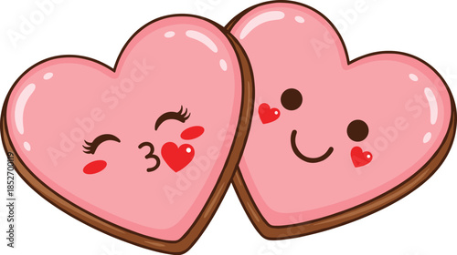 Heart characters with smiling and kissing faces as ginger cookies