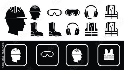 A set of personal protective equipment icons for workplace safety, including a hard hat, safety goggles, boots, and a high-visibility vest.