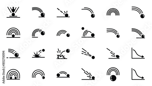 A set of black icons illustrating physics principles like gravity, trajectory, and bouncing, shown with balls and arcs.