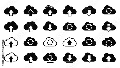 A comprehensive set of black cloud computing icons representing upload, download, and synchronization for data storage services.