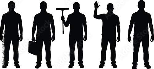 Set of male worker silhouettes showing standing poses tools and gestures isolated on white background for professional labor design